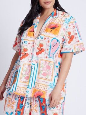 ELOQUII SOUVENIR Relaxed Short Sleeve Button Down